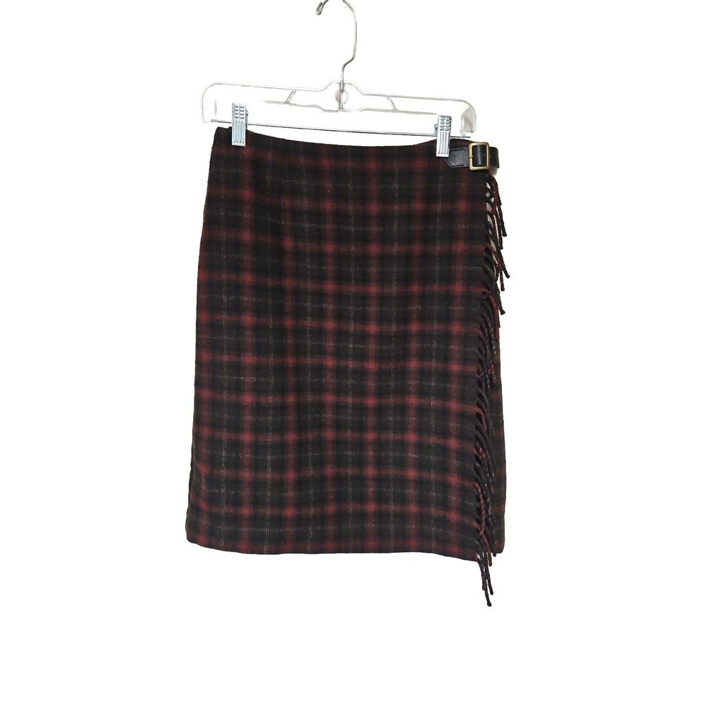 Women's Eddie‎ Bauer Legend Wool Blanket Skirt Plaid Fringe Red Black Size 10